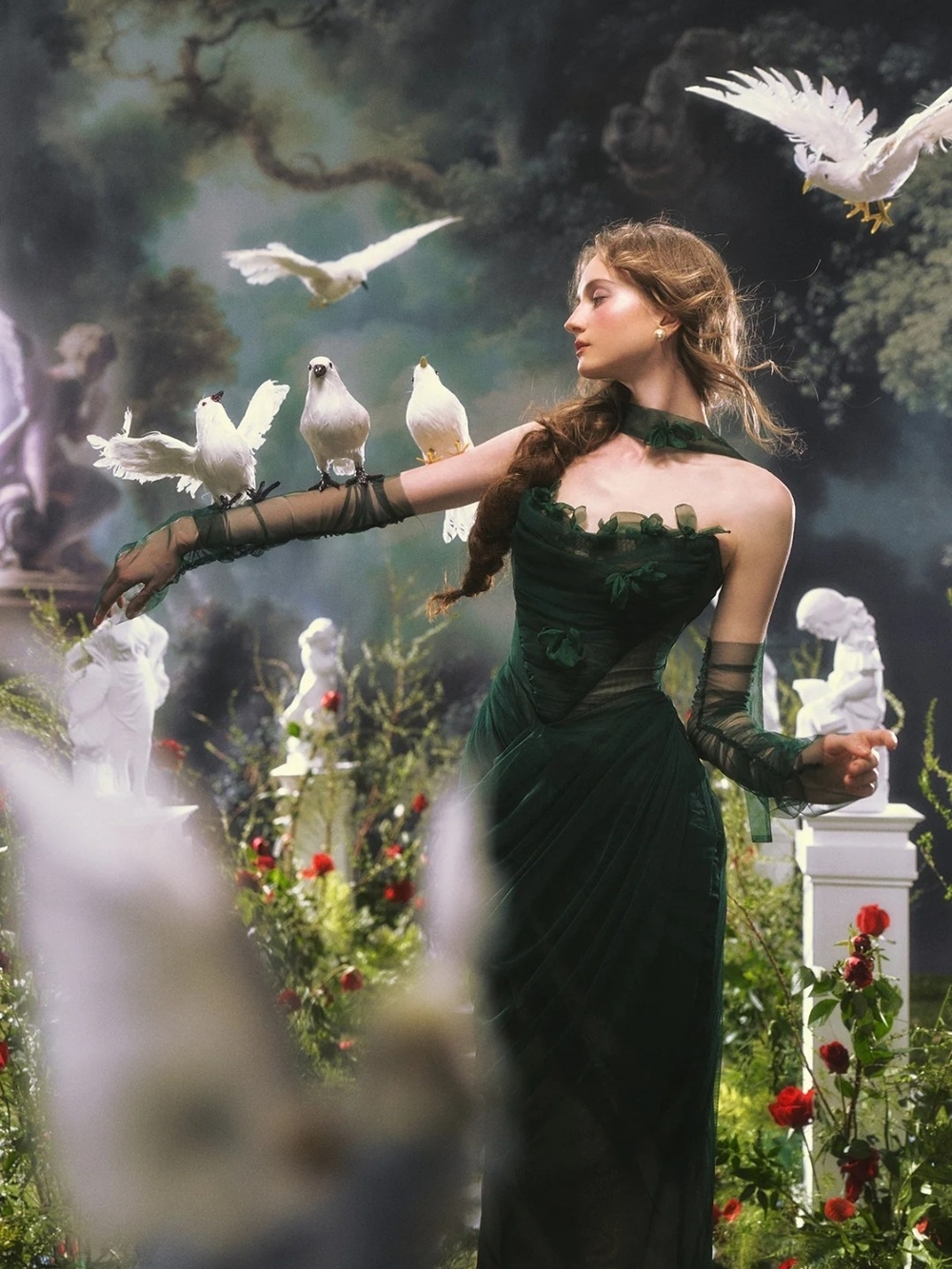 Lacemade Forest Nymph Dress Emerald Green Sheer Draped Midi Dress - Picture 6 of 7